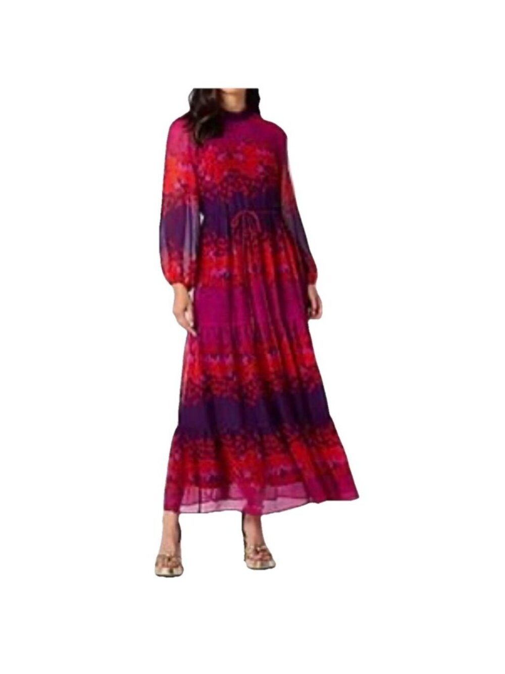 Melonie T Boho Tiered Sz 8 High Neck Floral Chiffon Maxi Dress NEW Long Sleeve